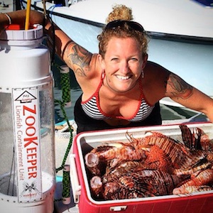 Rachel Bowman is fully dedicated to removing lionfish from Keys reefs and wrecks, using a newly designed Zookeeper containment device. Image: Kristen Livengood